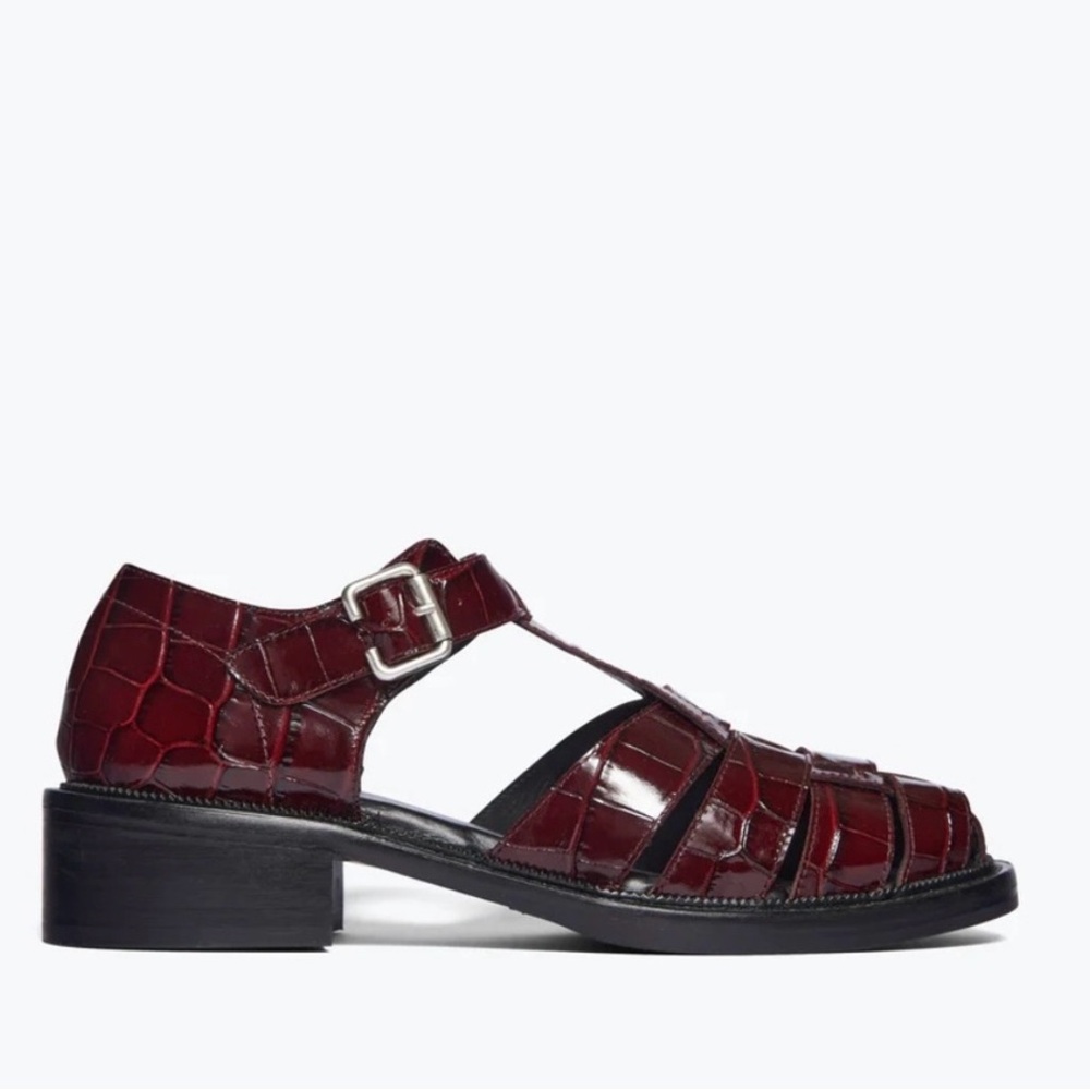 Freda Salvador DAHLIA T-STRAP FISHERMAN LOAFER - 9 / Cherry Embossed Croc